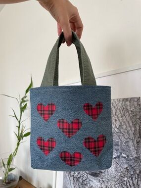 Upcycled Denim Bag with Red Plaid Heart Appliqués